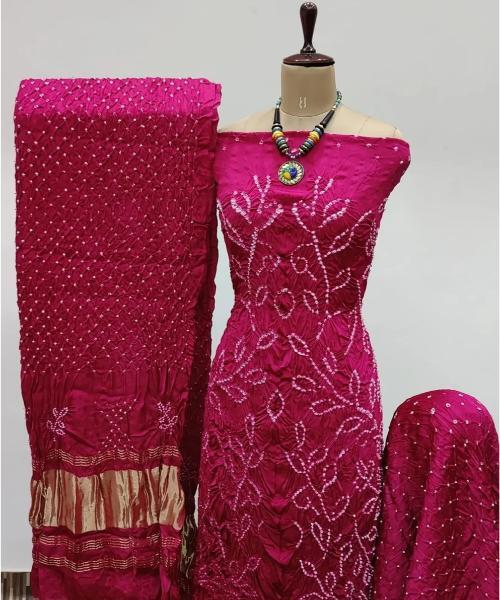 Heavy Modal Ghazi Silk Barik Bandhej work Bandhani Dress Material (Unstitched)