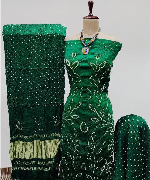 Heavy Modal Ghazi Silk Barik Bandhej work Bandhani Dress Material (Unstitched)