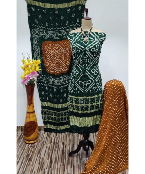 Modal Ghazi Silk Daman Work Barik Bandhej Bandhani Dress Material (Unstitched)