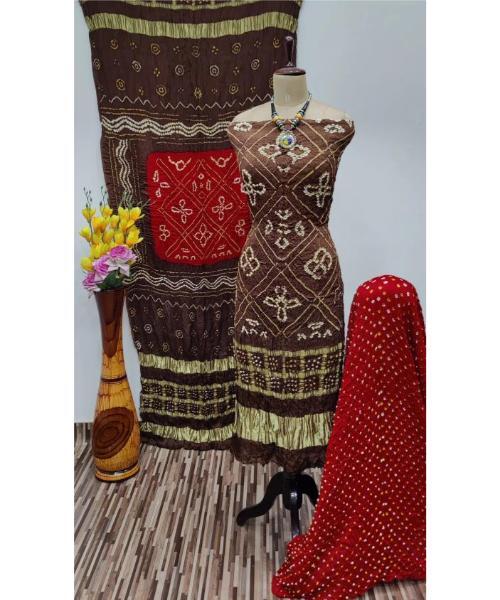 Modal Ghazi Silk Daman Work Barik Bandhej Bandhani Dress Material (Unstitched)