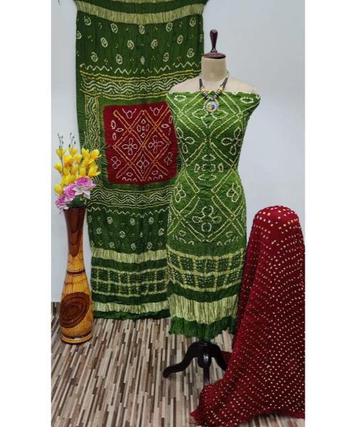 Modal Ghazi Silk Daman Work Barik Bandhej Bandhani Dress Material (Unstitched)
