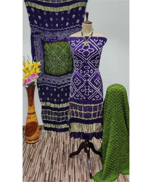 Modal Ghazi Silk Daman Work Barik Bandhej Bandhani Dress Material (Unstitched)
