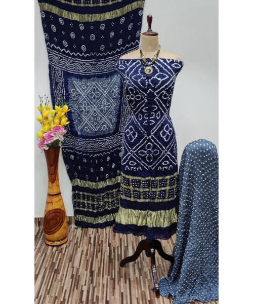 Modal Ghazi Silk Daman Work Barik Bandhej Bandhani Dress Material (Unstitched)