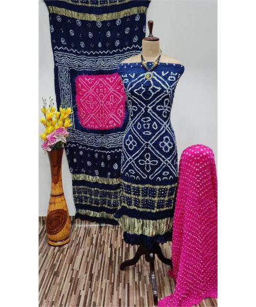 Modal Ghazi Silk Daman Work Barik Bandhej Bandhani Dress Material (Unstitched)