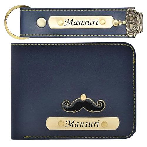 Leather Wallet Keychain Combo - Color: Blue
