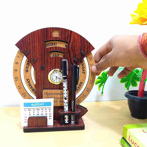 Lifetime Wooden Calender With Clock - Color: Brown