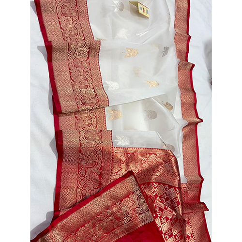 Banarasi Pure Kora Contrast Border Pallu Blouse Katan Silk Handloom Kadwa Weaving Silk Saree - Color: Different Available