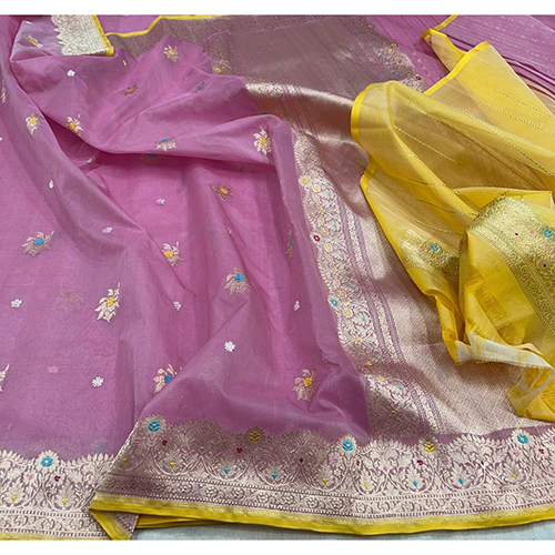 Beautiful Banarasi Pure Meenadar Handloom Kadwa Weaving Blouse Contrast Silk Saree - Color: Different Available