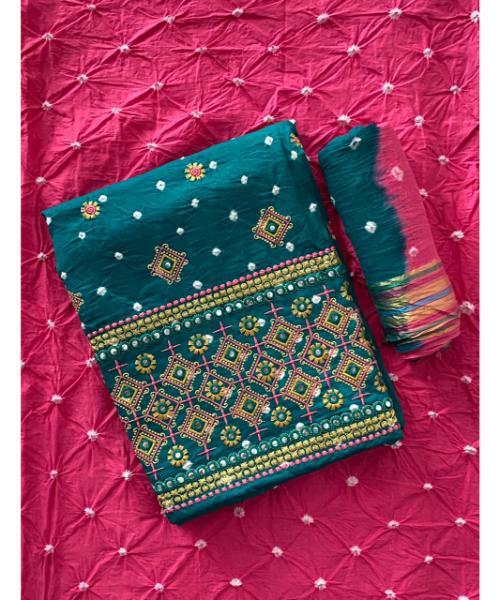 Stylish Bandhani On Embroidered Work Unstitched - Color: Multicolor