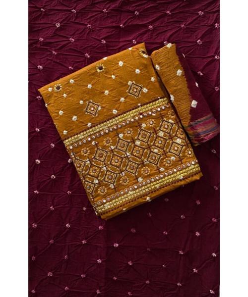 Stylish Bandhani On Embroidered Work Unstitched - Color: Multicolor