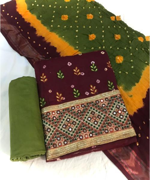 Bandhani with Embroidered Dress Material Unstitched Suit