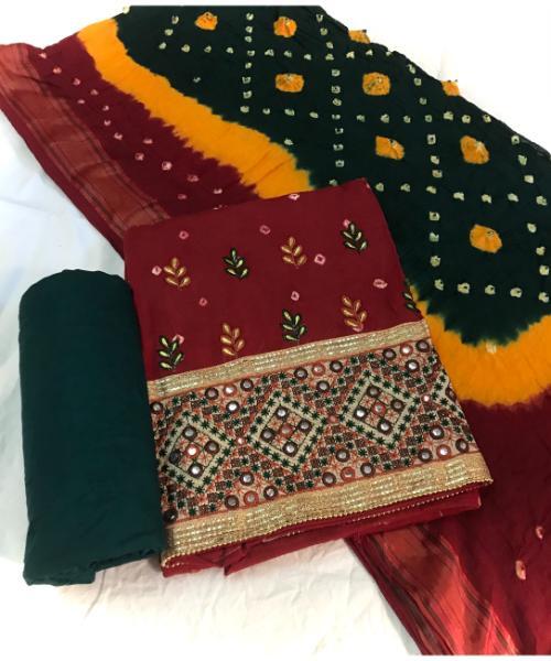 Bandhani with Embroidered Dress Material Unstitched Suit