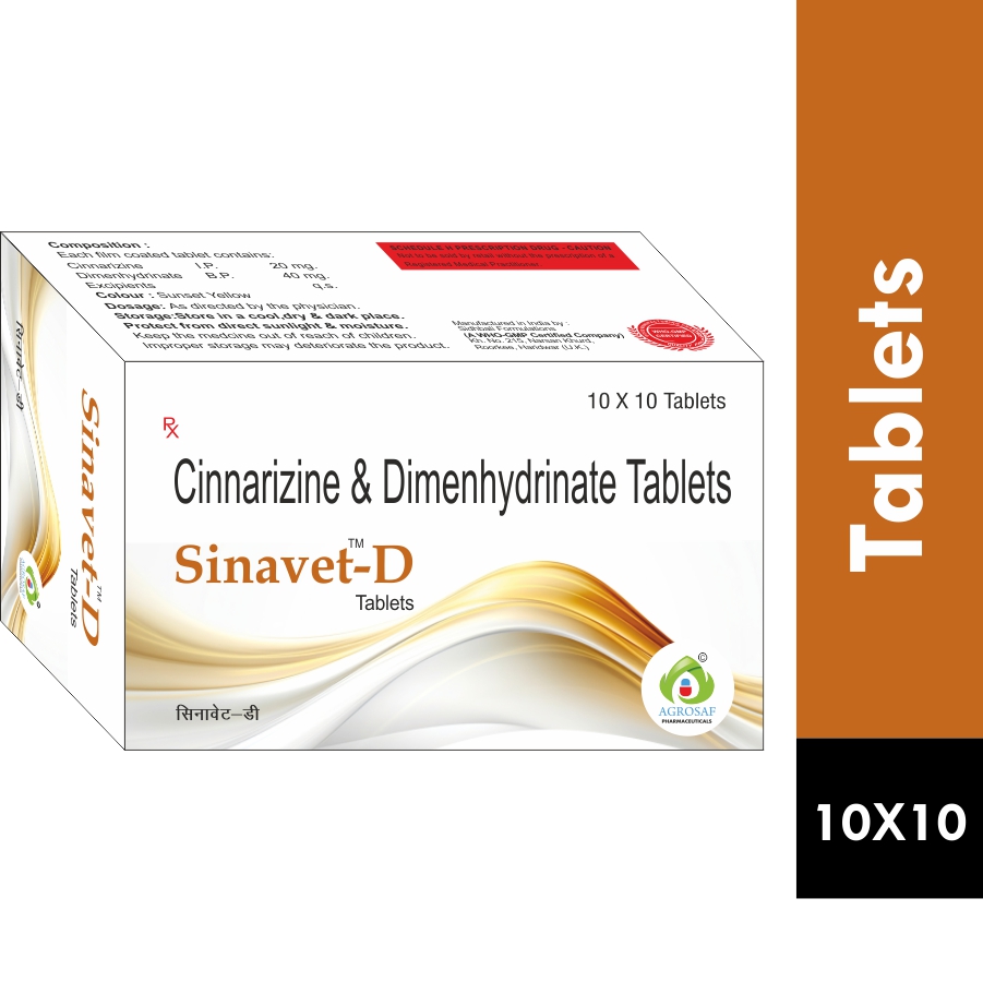SINAVET  D  TABLET - Cinnarizine (20mg) + Dimenhydrinate (40mg)(COLOUR:SUNSET YELLOW )