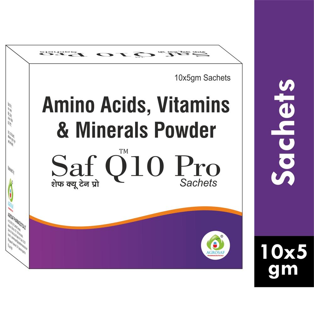 SAF Q 10 PRO SACHET - Lycopene (10% Powder Form) 5000mcg, Vitamin B12 1500mcg, Coenzyme Q10 200mg, L-arginine 100mg, Zinc Sulphate Eq.to Elemental Zinc 10mg, Selenium 50mcg, Folio Acid 1.5mg. Fructose 1gm L-carnitine 1gm, Citric Acid 50mg Sachet