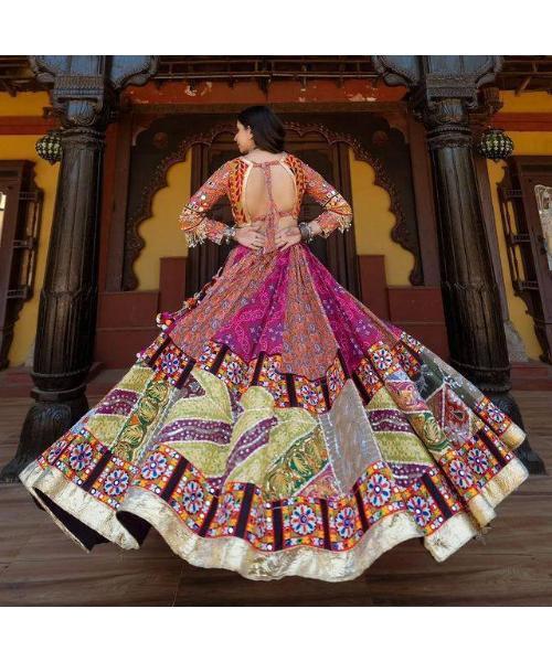 Butter Silk Designer Printed Navratri Lehenga Choli - Color: Multicolor