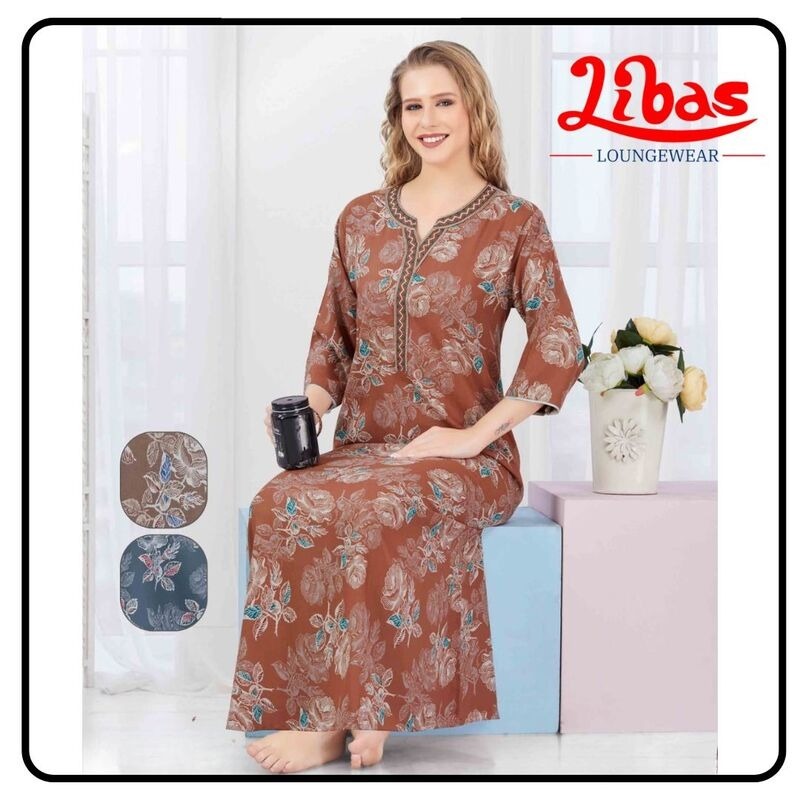 Cotton Long Sleeve Nighty With Print