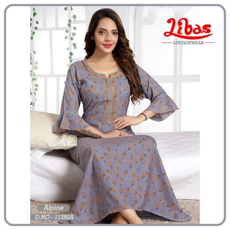 Cotton Long Sleeve Nighty With Print