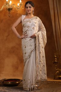 Golden Katan Silk Tissue Resham Embroidered Saree Set