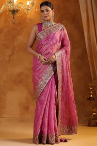 Golden Katan Silk Tissue Resham Embroidered Saree Set