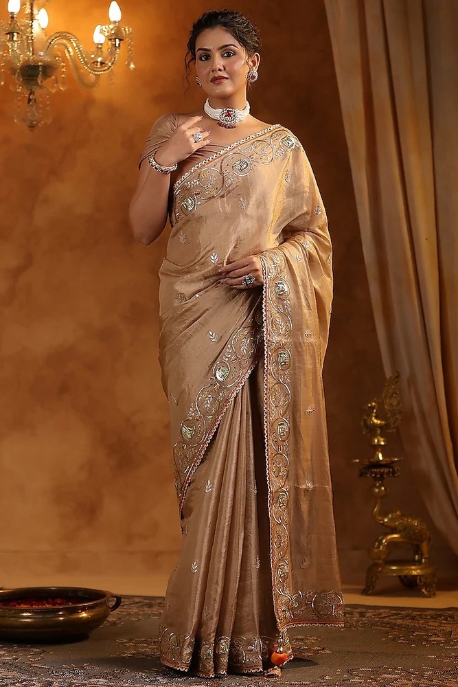 Golden Katan Silk Tissue Resham Embroidered Saree Set