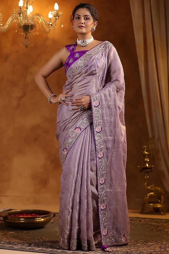 Golden Katan Silk Tissue Resham Embroidered Saree Set