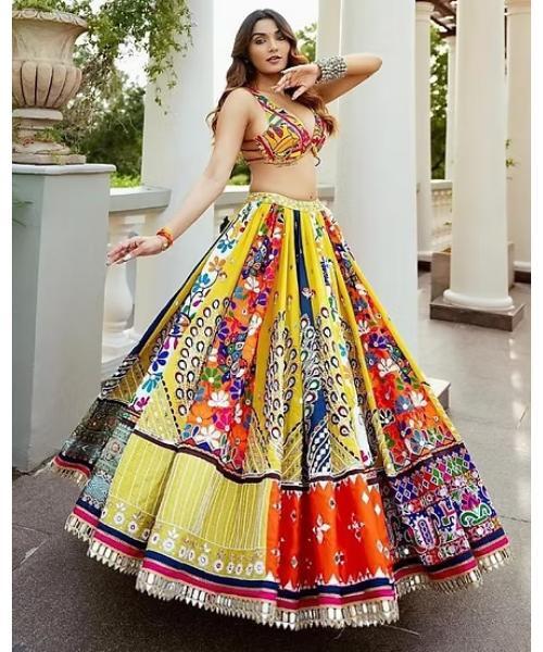 lehenga chaniya choli Yellow silk print mirroR
