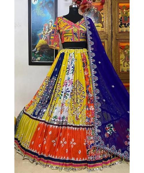 lehenga chaniya choli Yellow silk print mirroR