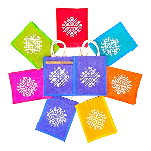 Jute Bags With Contrast Kolam Print For Return Gifts - Color: Multicolor