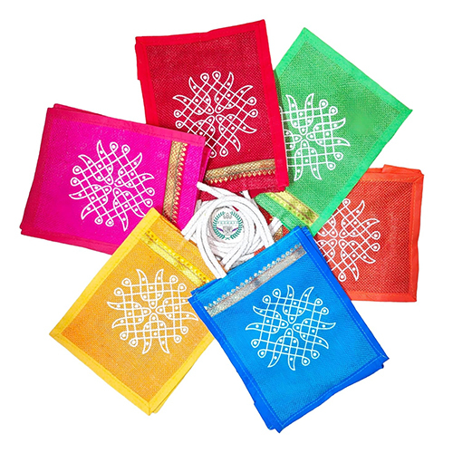 Jute Bags With Contrast Kolam Print For Return Gifts - Color: Multicolor