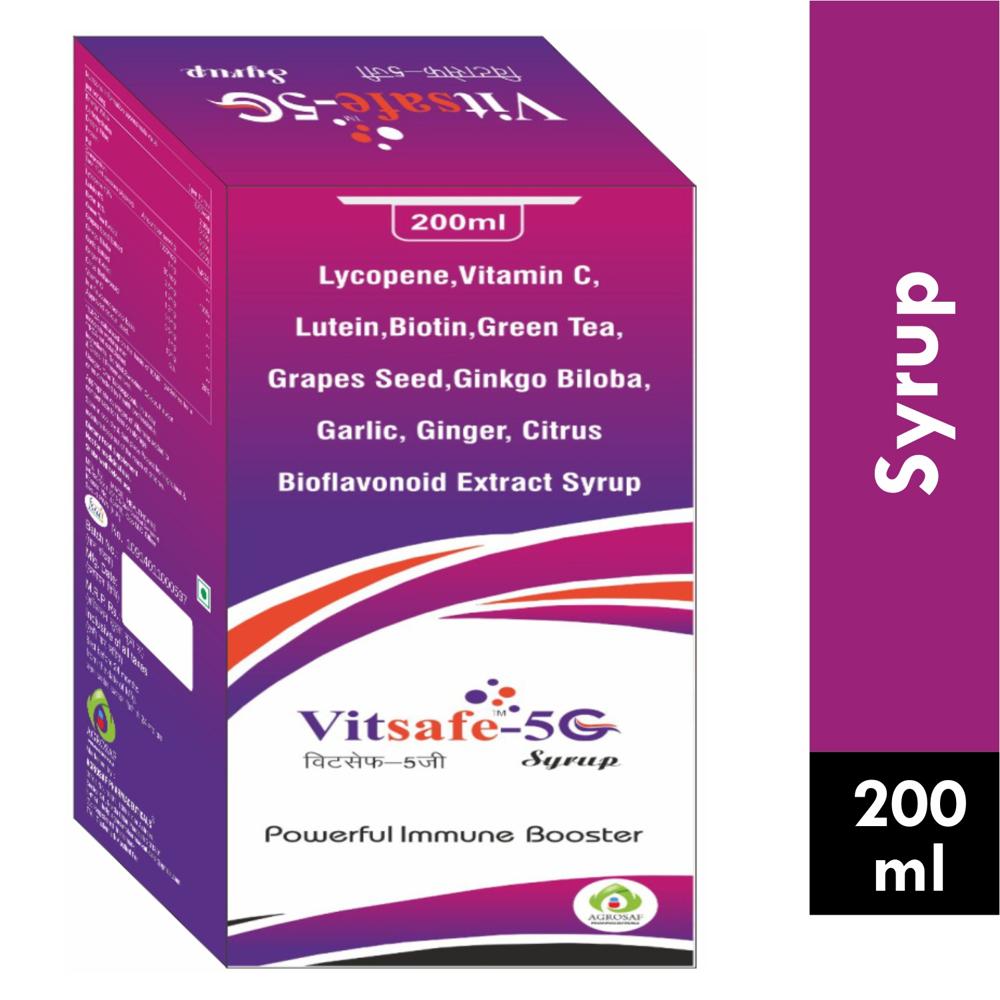 VITSAFE-5G SYRUP - Lycopene10% 1000 Mcg, Lutin 6% 1mg,biotin10% 30 Mcg,grean Tea Extarct 2,5 Mg, Grape Seed Extact 1.2 Mg, Ginko Biloba 1.2 Mg, Garlic Extrcat 0.5 Mg,ginger Extract 0.5mg,citrus Bioflavnoid 1mg, Vitamin C 10 Mg (each 10 Ml Contain)