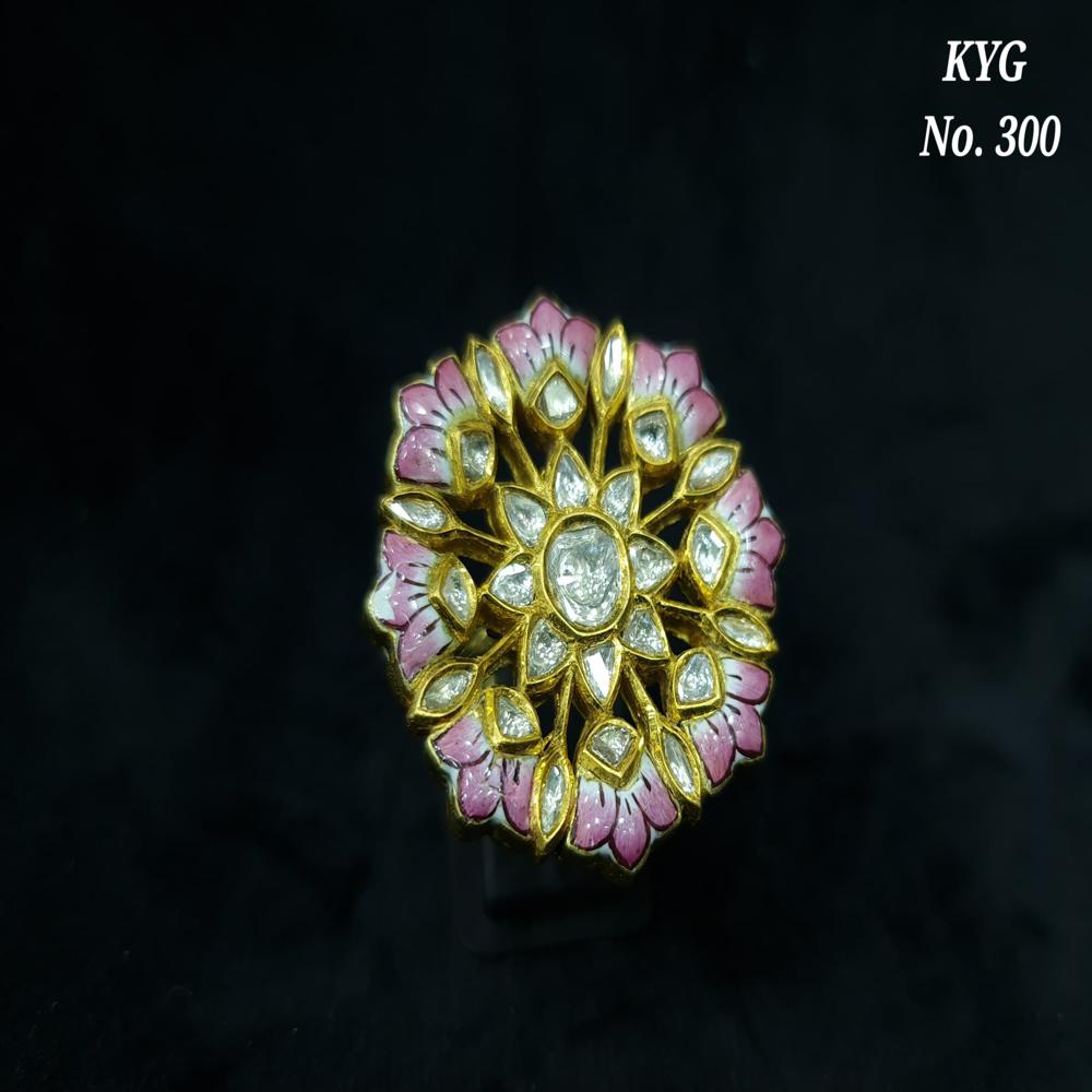 18kt Gold Pink Meena Polki Uncut Diamond Ring - Diamond Cut: Excellent