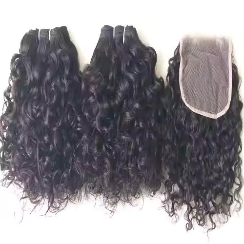 Curly Human Hair Bundle with Closure Lace Sew-in Weave Weft Extensions