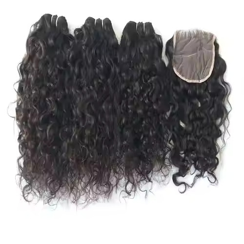 100% Cuticle Aligned Natural Wavy Style Weft Hair Bundle With Closure