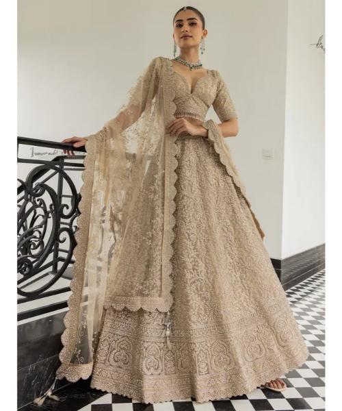 Beige net bridal lehenga choli