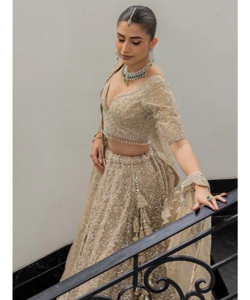 Beige net bridal lehenga choli