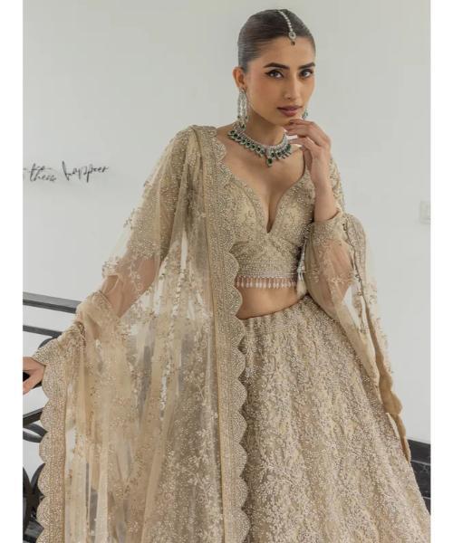 Beige net bridal lehenga choli
