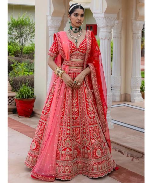 Bridal red silk lehenga choli with rich embellishment