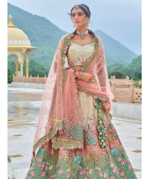 Beautiful beige silk wedding wear lehenga choli