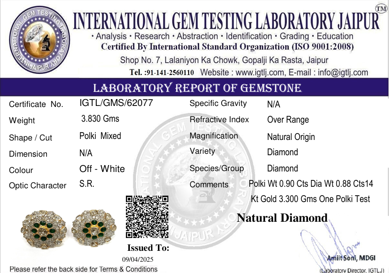 14kt Gold Open Polki Stud Earring with Green stone