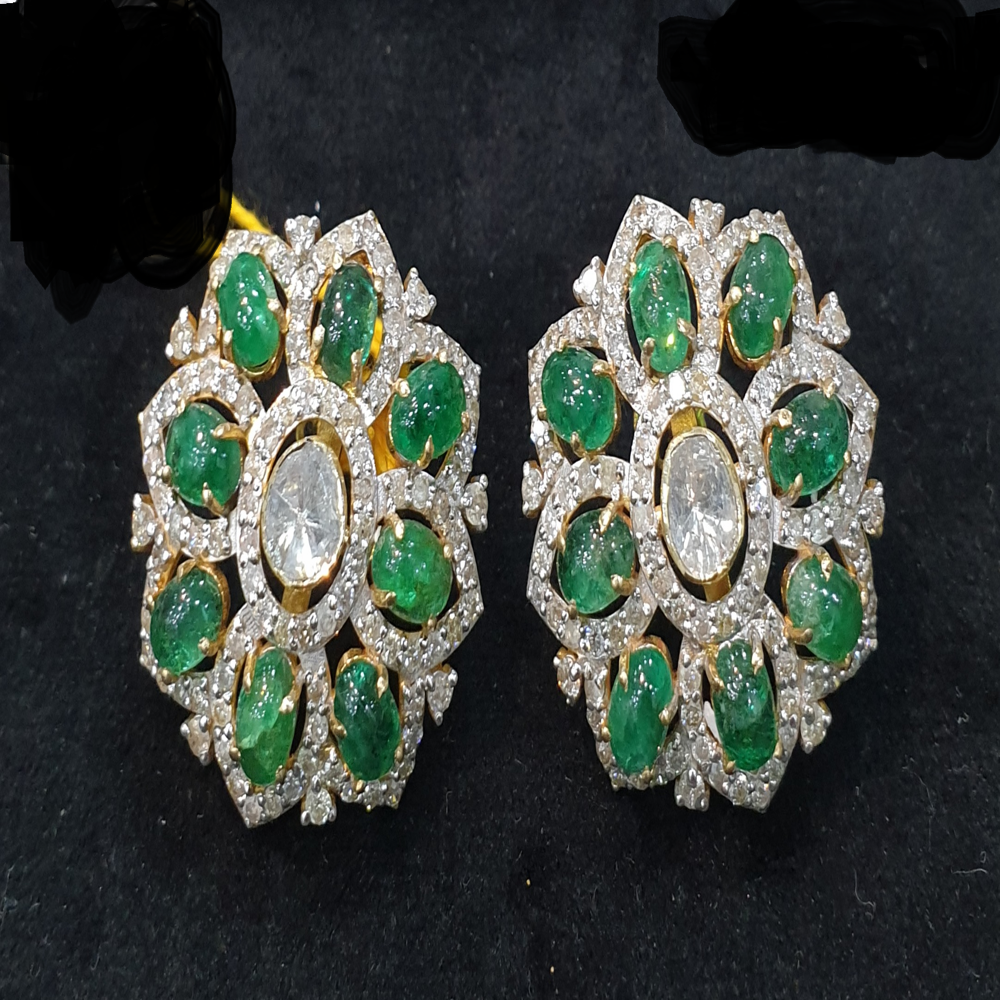 14kt Gold Polki Uncut Diamond Stud Tops with Green stone