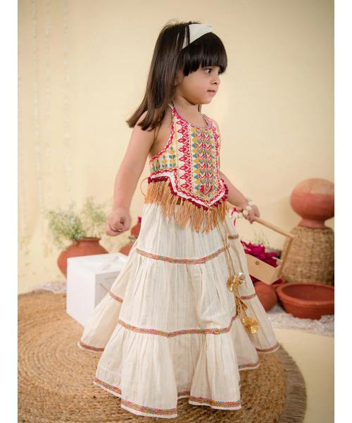 Cream Classic Lehenga Choli for small girls Festival
