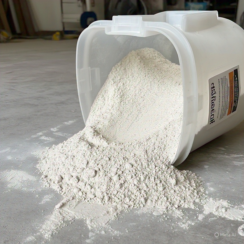 WHITE CEMENT POWDER SPILLED FROM BUCKET
