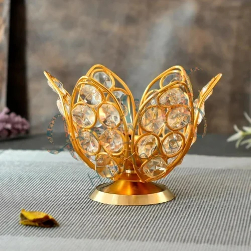 Traditional Crystal Lotus Shape Diya - Color: Various Available