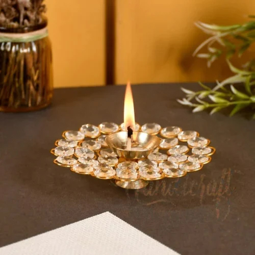 Brass Round Shape Crystal Deepak - Color: Various Available