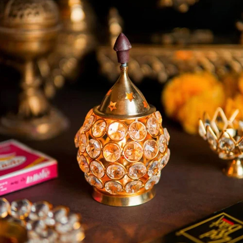 Brass Crystal Akhand Diya - Color: Various Available
