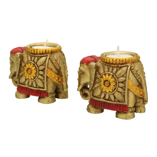 Elephant Polyresin Statue Diya 2 Pcs Set For Showpiece Diya - Color: Various Available