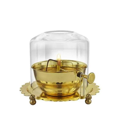 Brass Akhand Rotating Lifting Wick Jyoti Oil Diya with Clear Glass Cover