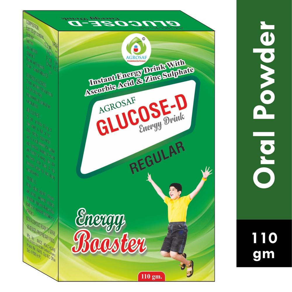 AGROSAF GLUCOSE D POWDER REGULAR 110gm - Composition: Each 35 Gm Contains Dextrose 17.5 Gm, Sucrose 14 Gm, Zinc Sulphate 17 Mg. Vitamin C 50 Mg, Flavour And Excipients Q.s. Colour: Sunset yellow fcf.