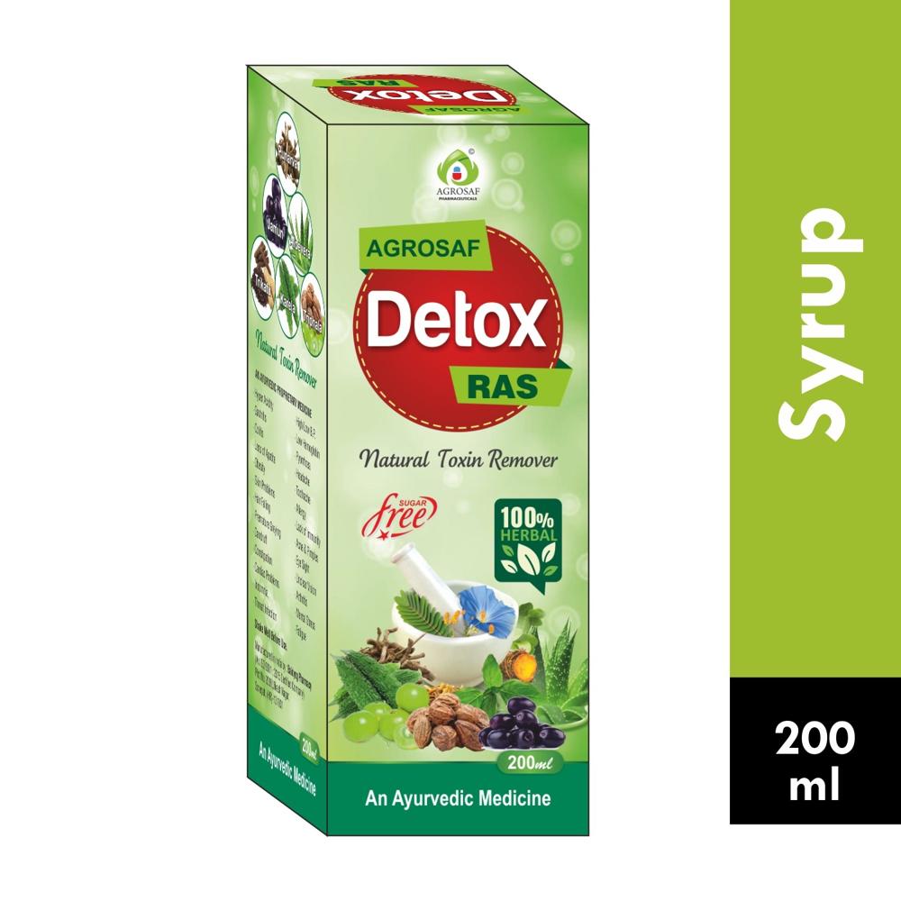 AGROSAF DETOX RAS -  Trikatu 300mg , Triphala 300mg , Aloevera 550mg , Punarva 550mg , Karela 300mg , Jamun 300mg , Chirayata 300mg , Giloy 400mg, Sodium Benzoate (preservative) 0.2 Gm