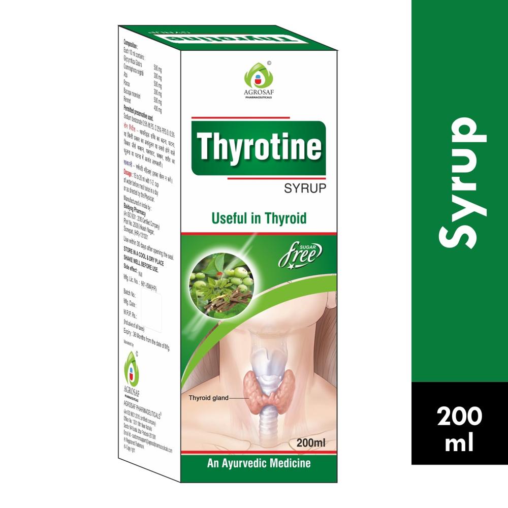 THYROTINE SYRUP - Glycyrrhiza Glabra 500 Mg + Commiphora Glabra 300 Mg + Atsi 500 Mg + Panax 300 Mg + Bacopa Monnieri 500 Mg + Rennet 400 Mg (permitted Prservative Used : Sodium Benzoate 0.5% M.p.s. 0.25% P.p.s. 0.05% )